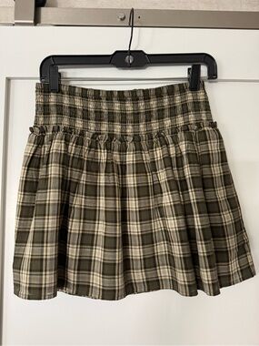Madewell Olive Plaid Smocked Waist Mini Skirt
